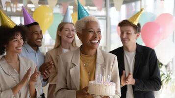 Celebration at a birthday party with friends and a cake in a festive environment photo