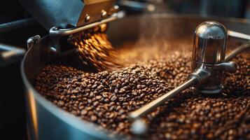 Freshly roasted coffee beans spill from roasting equipment in a vibrant local coffee shop during morning hours photo