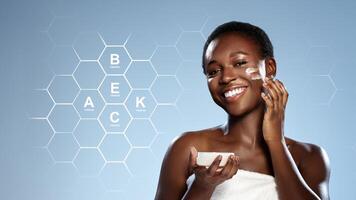 Skincare routine featuring a smiling woman applying cream in a bright setting with vitamin elements photo