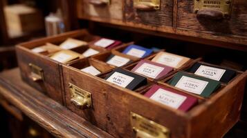 Unique handcrafted boxes filled with assorted labels in a rustic wooden setting at a local artisan shop photo