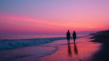 Romantic sunset walk on the beach with waves gently lapping at feet near coastal cliff photo