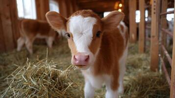 Young calf enjoying fresh hay in a cozy barn during late afternoon photo