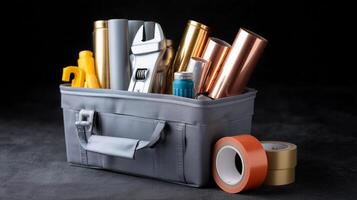 Toolbox filled with various tools and materials ready for home improvement projects photo