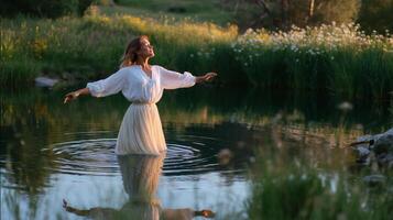 Woman enjoying tranquility while standing in a shallow pond surrounded by lush greenery during golden hour photo