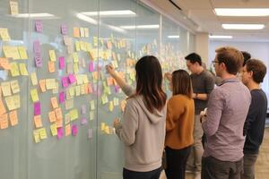 Team collaborates on brainstorming session with sticky notes in modern office environment photo