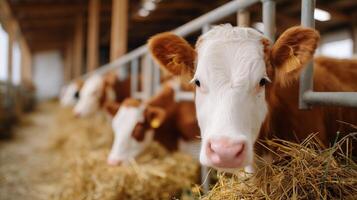 Cows feeding inside a barn during daylight hours on a rural farm photo