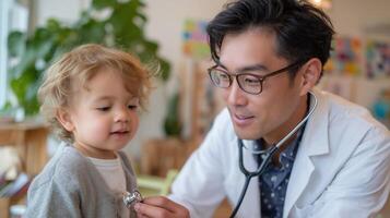Pediatric check-up at a bright and welcoming clinic with a doctor examining a cheerful child photo