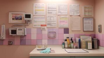 Clean and organized medical workspace with equipment and charts in a healthcare facility photo