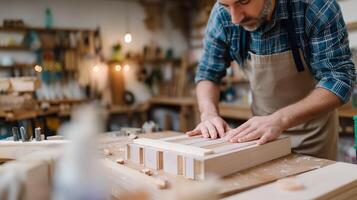 Woodworker creating a decorative wooden panel in a cozy workshop with warm lighting and an organized workspace photo