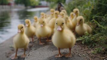 Charming ducklings gather near the water in a serene park setting during a sunny afternoon photo