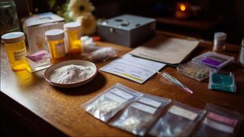 Discussion of substances and materials for research on a wooden table in a dimly lit room photo