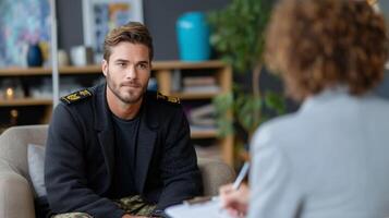 Military man engages in counseling session with therapist in modern office setting photo