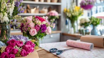 Fresh flowers arranged beautifully in a florist shop during a sunny day with crafting supplies ready for customers photo