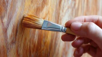 Hand applying varnish to wooden surface with a brush for protective finish in a well-lit workshop photo