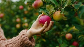 Hand picking red apples from a tree in a lush orchard during a sunny autumn afternoon photo