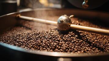 Freshly roasted coffee beans in a roasting machine during the afternoon hours at a local coffee shop photo