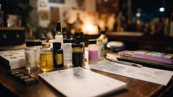 Creative workspace with art supplies and materials for crafting in a cozy studio setting during nighttime photo