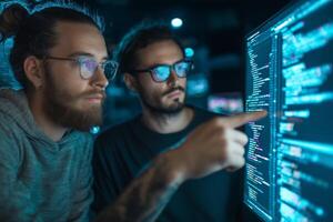 Two programmers collaborating on software development while analyzing code on a large monitor in a dark room photo