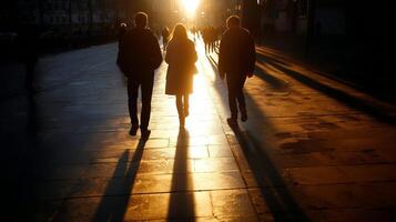 Sunlit promenade with silhouettes of people walking at sunset in an urban setting photo
