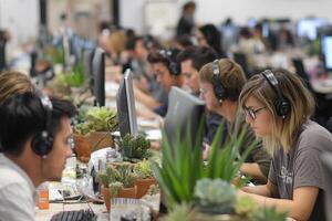 Employees collaborate in a modern office filled with plants, enhancing focus and creativity during work hours photo