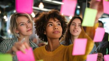 Team brainstorming session with colorful sticky notes in a modern workspace photo