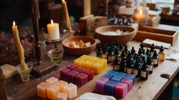 Colorful handmade soaps and essential oils arranged neatly on a rustic wooden table in a cozy workshop photo