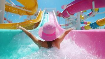 Exciting water slide adventure on a sunny day at a colorful water park with friends enjoying fun activities photo