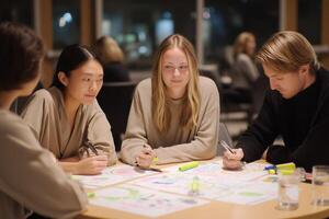 Group of young adults collaborating on creative projects in a modern workspace during the evening hours photo