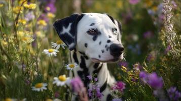 Dalmatian dog enjoying a summer day in a colorful wildflower field filled with daisies and lavender blossoms photo