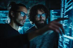 Two young men discuss programming while analyzing data on glowing screens in a dimly lit room photo