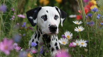 Dalmatian puppy surrounded by colorful wildflowers in a sunny garden during springtime photo