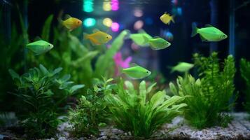 Colorful fish swimming in a vibrant aquarium with lush greenery in soft lighting photo