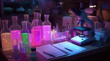 Vibrant laboratory setup with glassware and microscope illuminated in colorful neon lighting photo