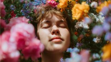 Person relaxing surrounded by vibrant flowers in a serene outdoor setting during daylight photo
