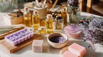 Crafting natural handmade soaps with essential oils and lavender at a sunny workshop photo