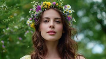 Portrait of a young woman wearing a floral crown surrounded by greenery in a serene outdoor setting during daylight hours photo