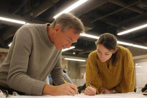 Collaborative design session with professionals working on project at a modern workspace in the evening photo