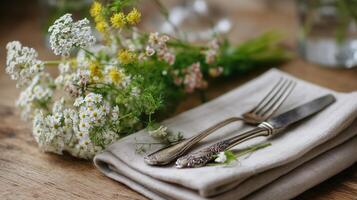 Elegant table setting with vintage cutlery and fresh wildflowers during a rustic gathering photo
