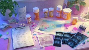 Prescription bottles and notes on a desk with flowers and X-ray images in a calming workspace photo