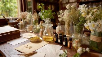 Herbal workshop in a rustic setting showcasing dried flowers and essential oils on a wooden table photo