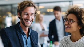 Engaging conversation between professionals in a modern office setting during a business networking event photo