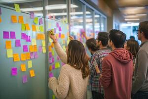Team brainstorming session in an office with colorful sticky notes during the afternoon photo