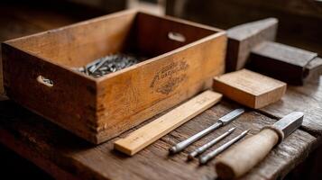 Woodworking tools and materials arranged on a wooden surface in a workshop setting during daylight hours photo