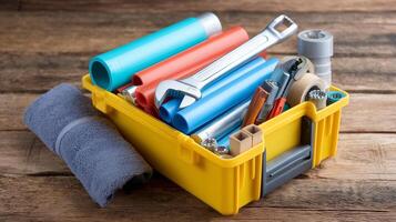 Workshop tools arranged in a yellow toolbox on a wooden surface ready for home improvement tasks photo