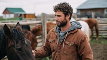 Man interacts with horse at a rustic farm during a cloudy afternoon in rural countryside photo