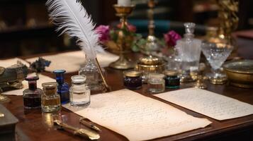 Manuscript writing tools and materials arranged on a wooden desk with a feather quill and decorative items photo