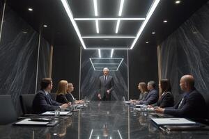 Business meeting with executives in a modern conference room discussing strategy in the evening photo