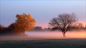 Golden autumn leaves contrasted with a silhouette of a bare tree in a misty morning landscape photo