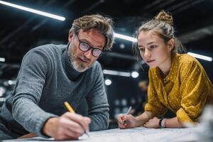 Collaboration between a senior designer and a junior associate in a modern workspace during a brainstorming session photo