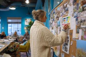Creativity in action during a collaborative workspace session in a vibrant studio with bright blue walls photo